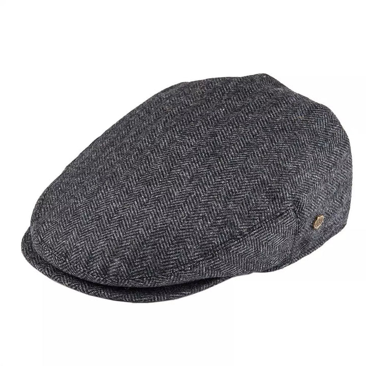 Men's Herringbone Wool Fitted Flat Cap in Dark Gray | Aluvema