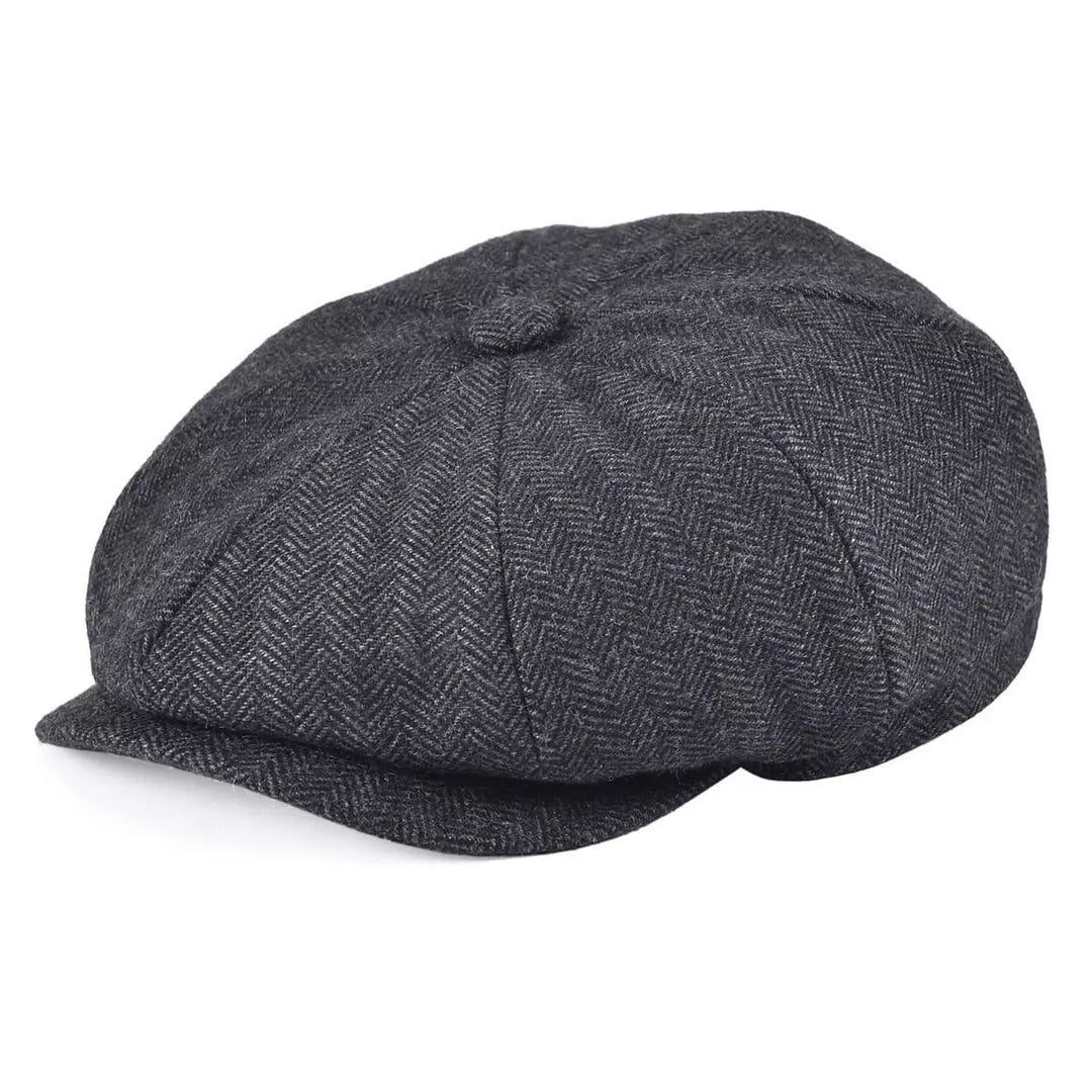Men's Wool Herringbone Newsboy Cap in Black | Aluvema