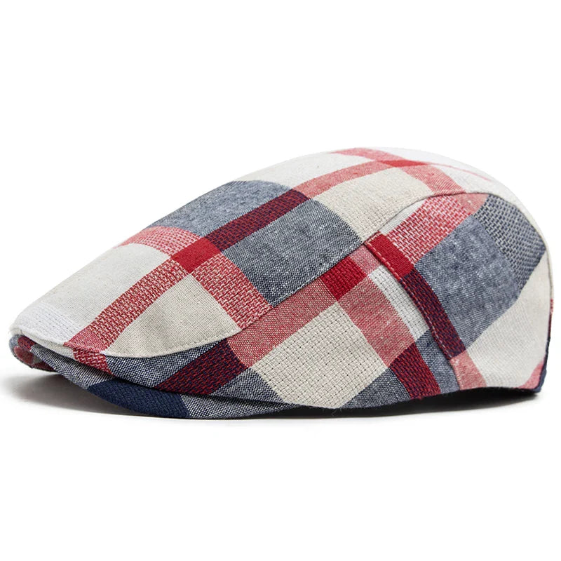 Men's Plaid Check Woven Flat Cap in Red | Aluvema