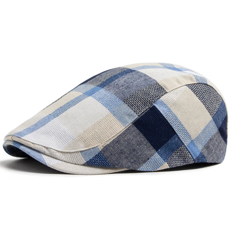 Men's Plaid Check Woven Flat Cap in Blue | Aluvema